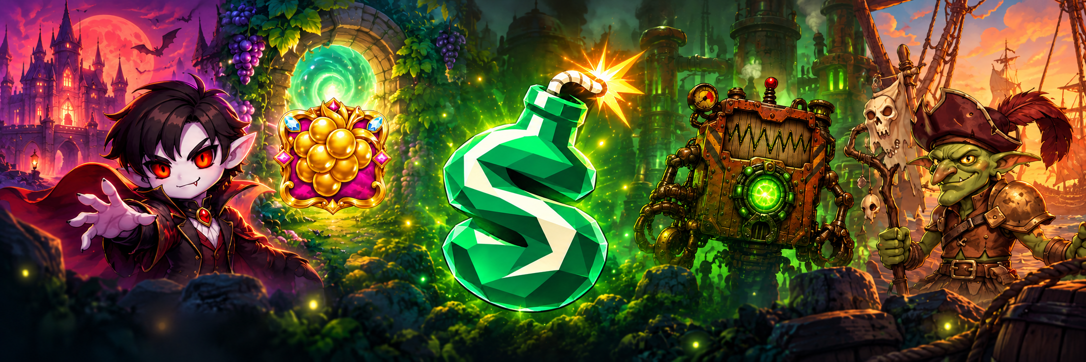 Sojubang's game worlds, featuring a vampire, fruit portal, scrap robot and goblin pirate